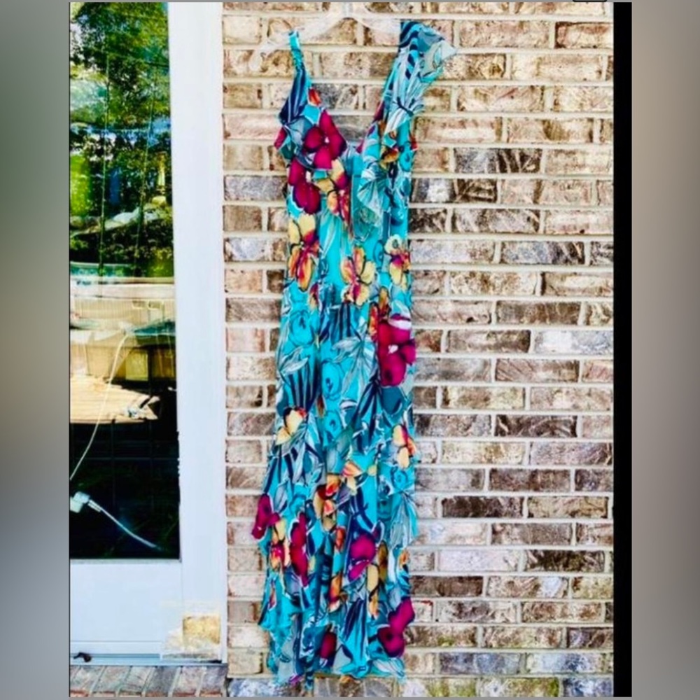 Y2K Turquoise Beaded Tropical Floral Ruffle Prom Dress Gown - Picture 6 of 7